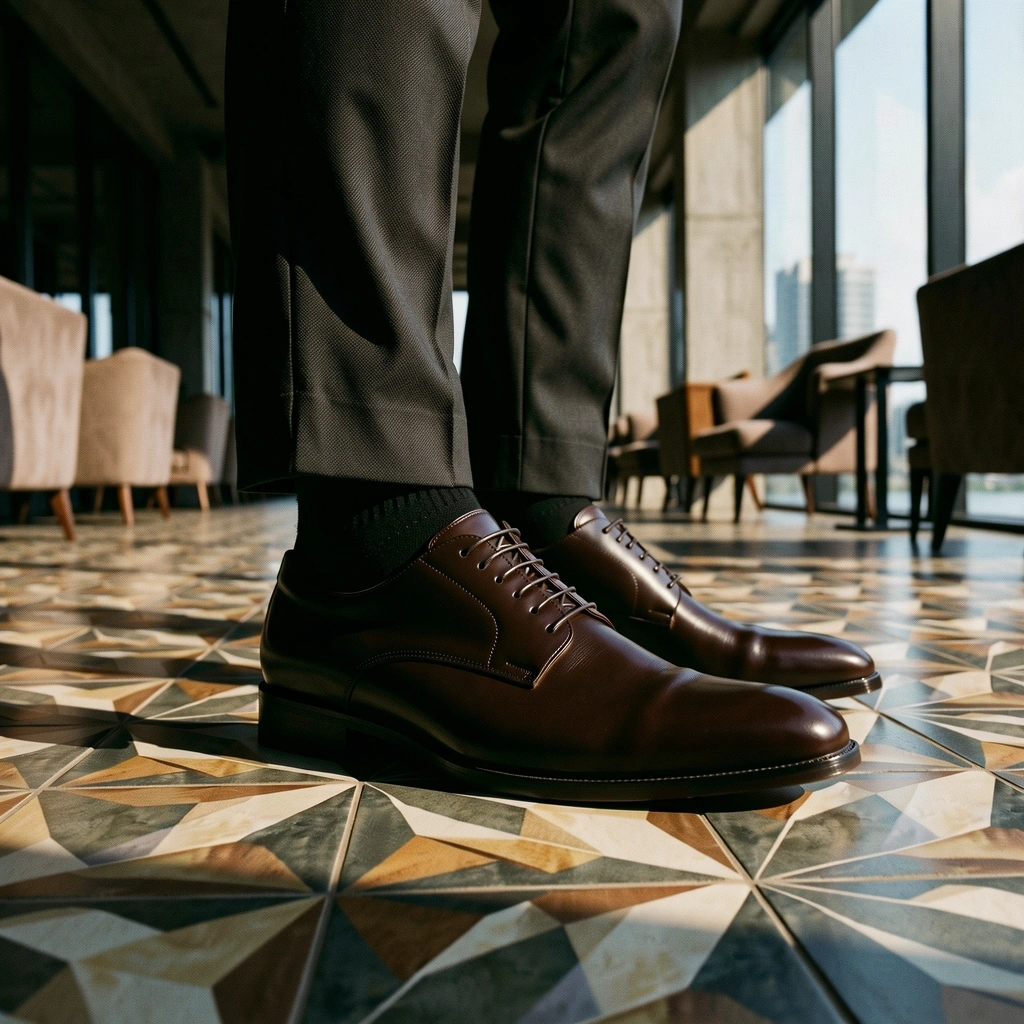 Polished leather Oxford shoes on tiled floor
